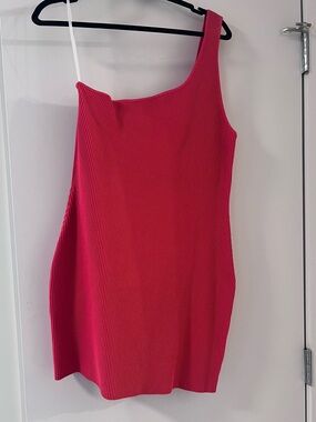 Babaton One-Shoulder Ribbed Hot Pink Mini Dress never worn